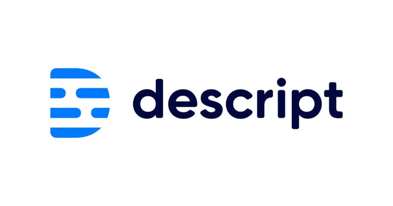 Blue circular logo with horizontal lines next to the word "descript" in bold black text.