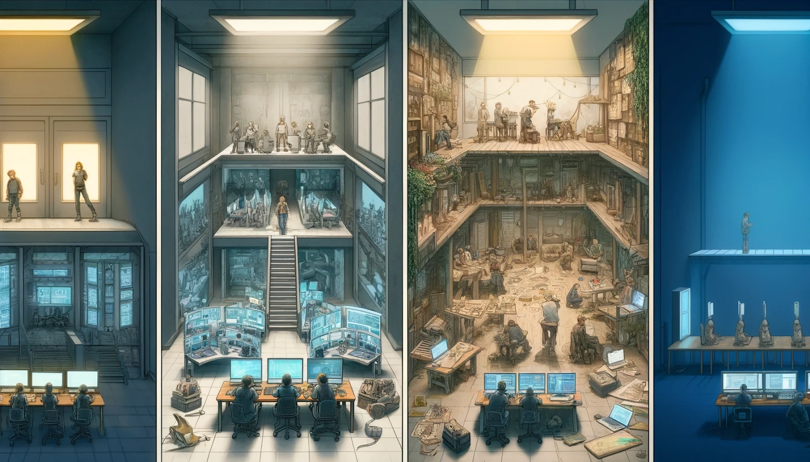 A digital illustration depicting four different levels of a building, each with distinct scenes related to technology, work, and creativity.
