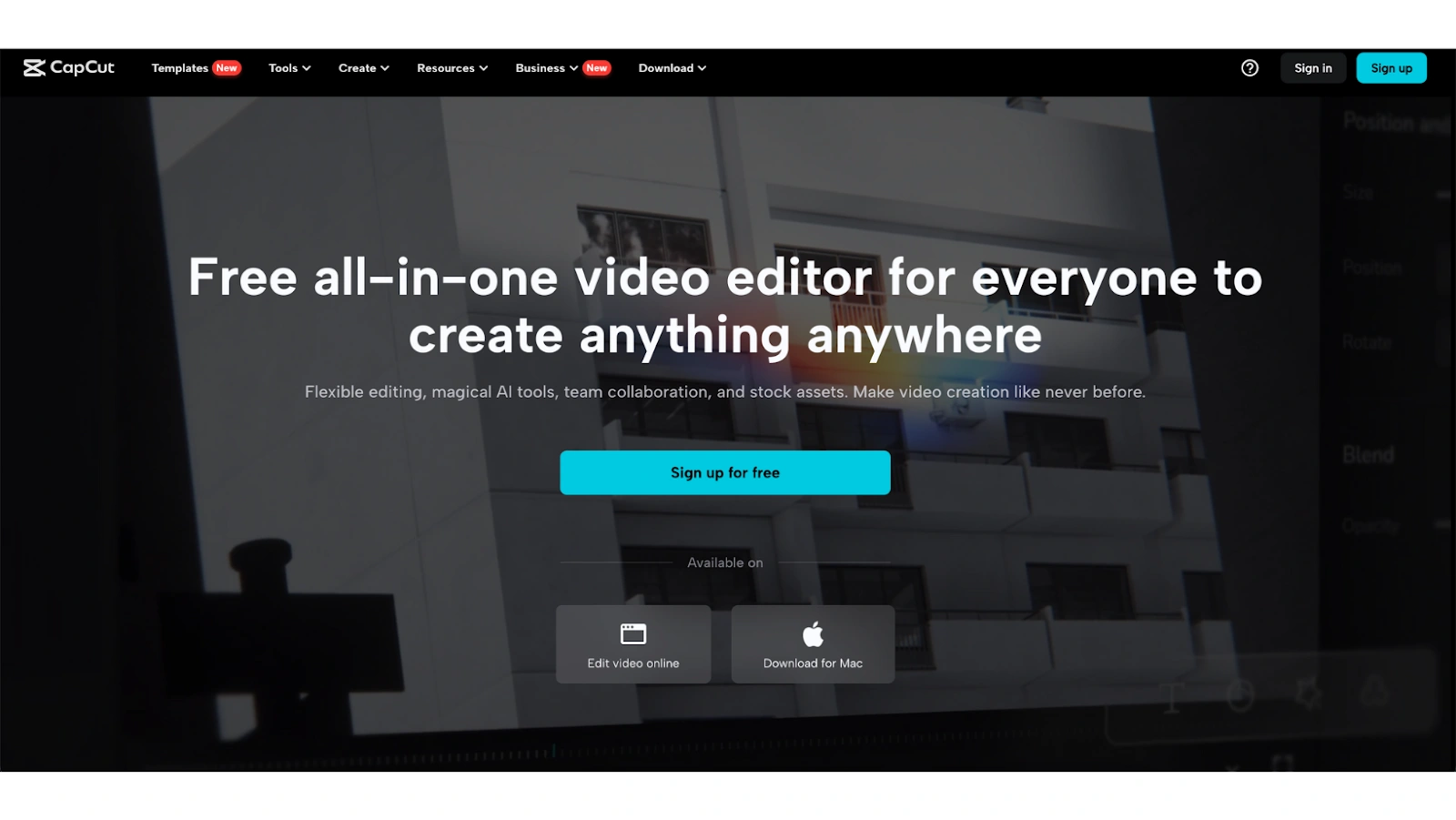 Screenshot of the CapCut homepage featuring a dark background with a modern building, white text promoting a free all-in-one video editor, a blue "Sign up for free" button, and options to edit video online or download for Mac.
