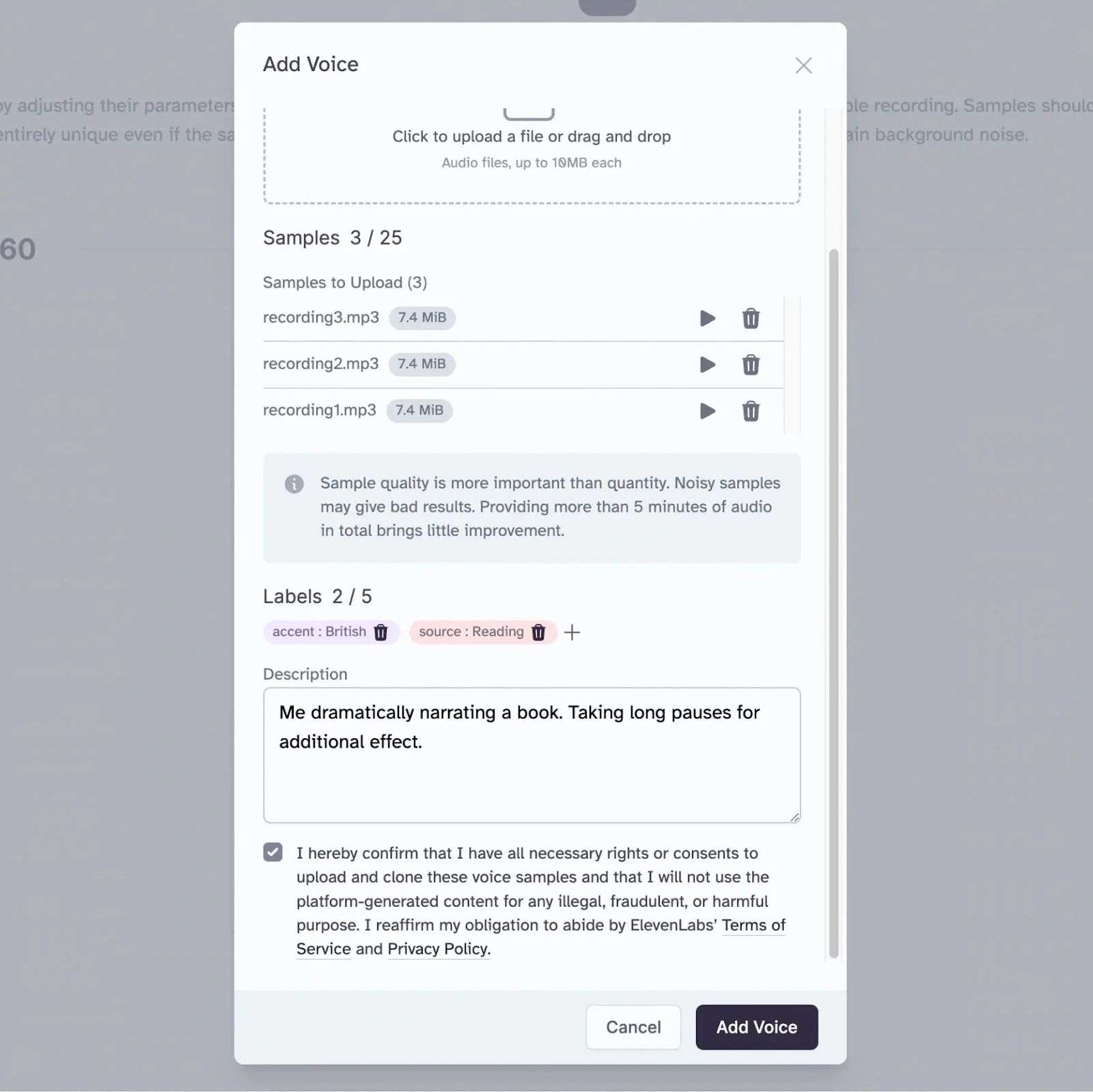 Voice sample upload and labeling interface with three audio files and descriptive tags.