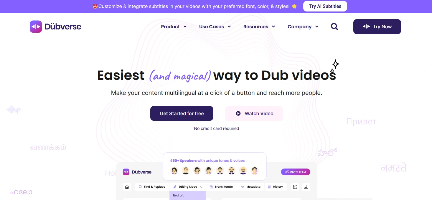 Screenshot of the Dubverse website homepage with options to get started, watch a video, and features like multilingual content and voice voices.