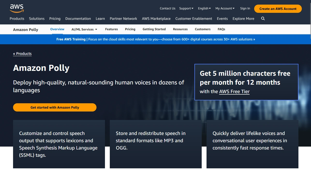 Screenshot of the AWS Amazon Polly webpage, featuring information about the service and a call-to-action button.