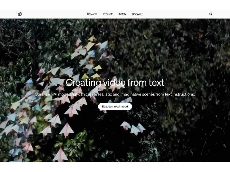 A website homepage with a background image of colorful paper umbrellas hanging among green foliage, featuring a headline about creating videos from text and a call-to-action button.