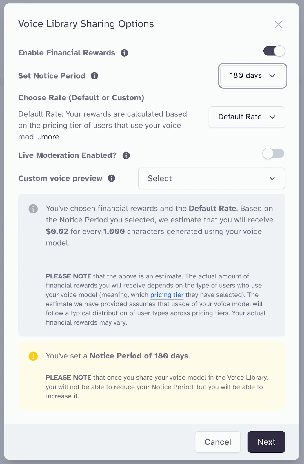 Voice Library Sharing Options settings screen showing toggle for financial rewards, notice period, rate selection, moderation, and preview options.