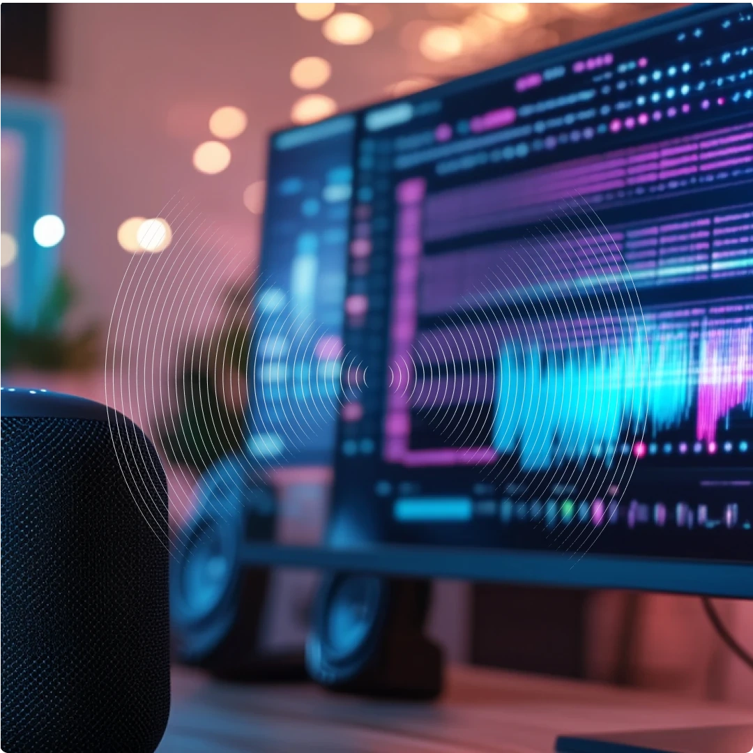 A computer monitor displaying colorful audio editing waves, with a speaker in the foreground and blurred background lights.