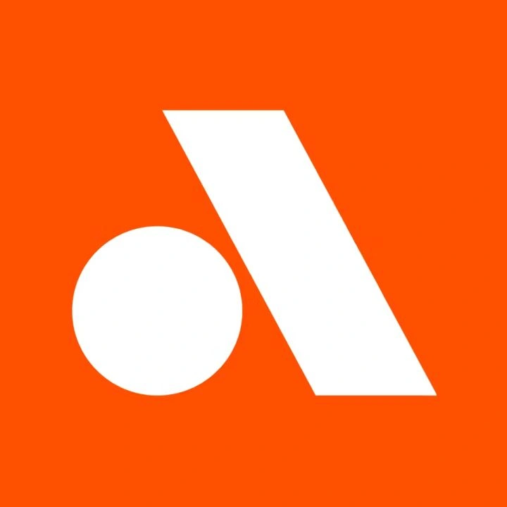 White geometric shapes on an orange background.
