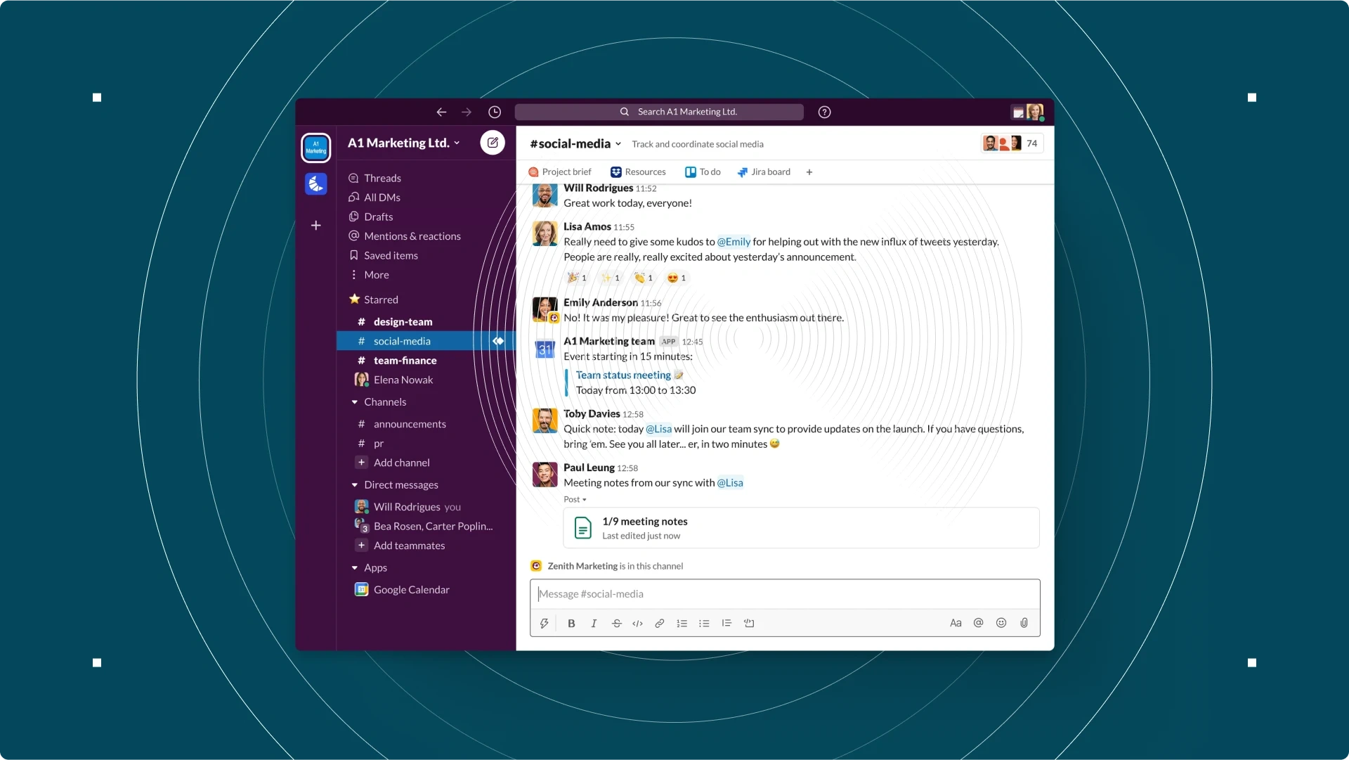 Slack workspace with channels and messages related to social media.
