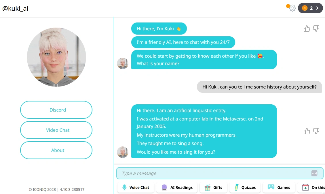 A chatbot profile with a photo of a young woman with pink hair, and a chat window with a conversation about the AI's background and abilities.