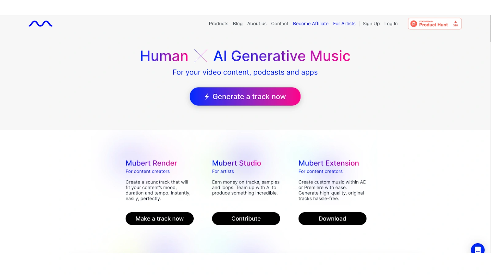 Website homepage for AI-generated music tools and services.