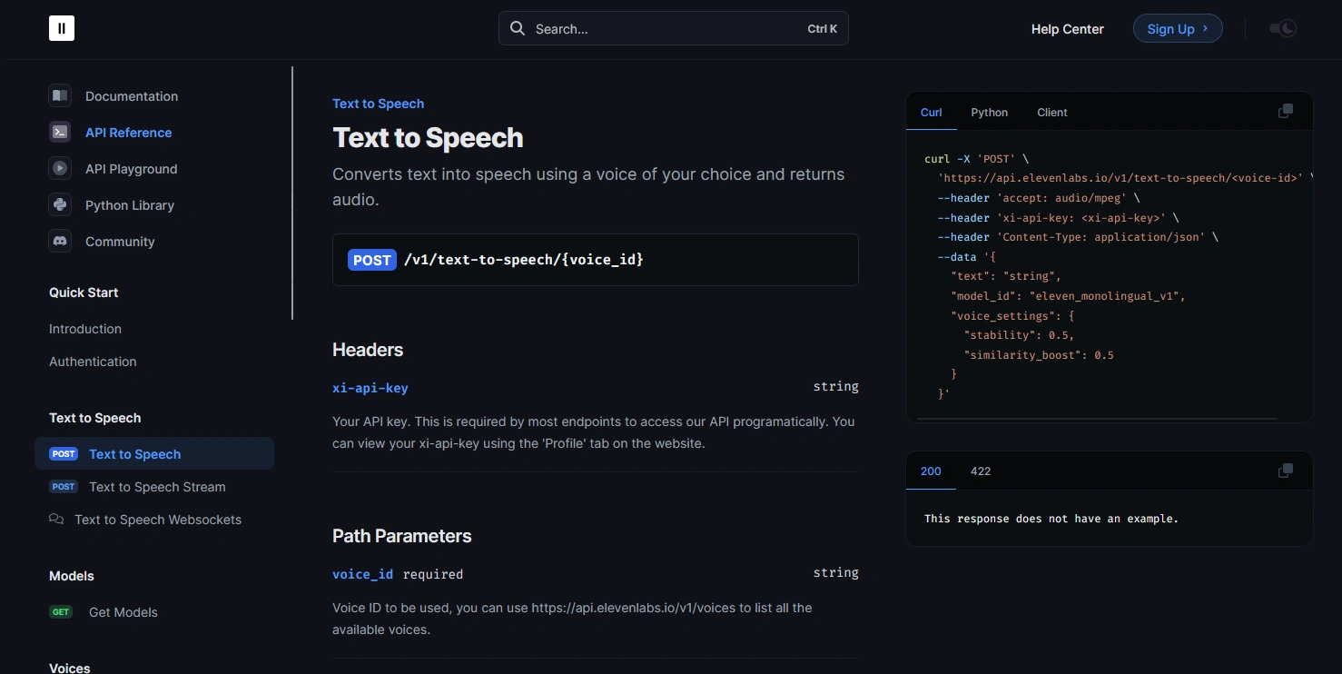 Screenshot of a documentation webpage for a text-to-speech API, showing sections on headers, path parameters, and example code snippets.