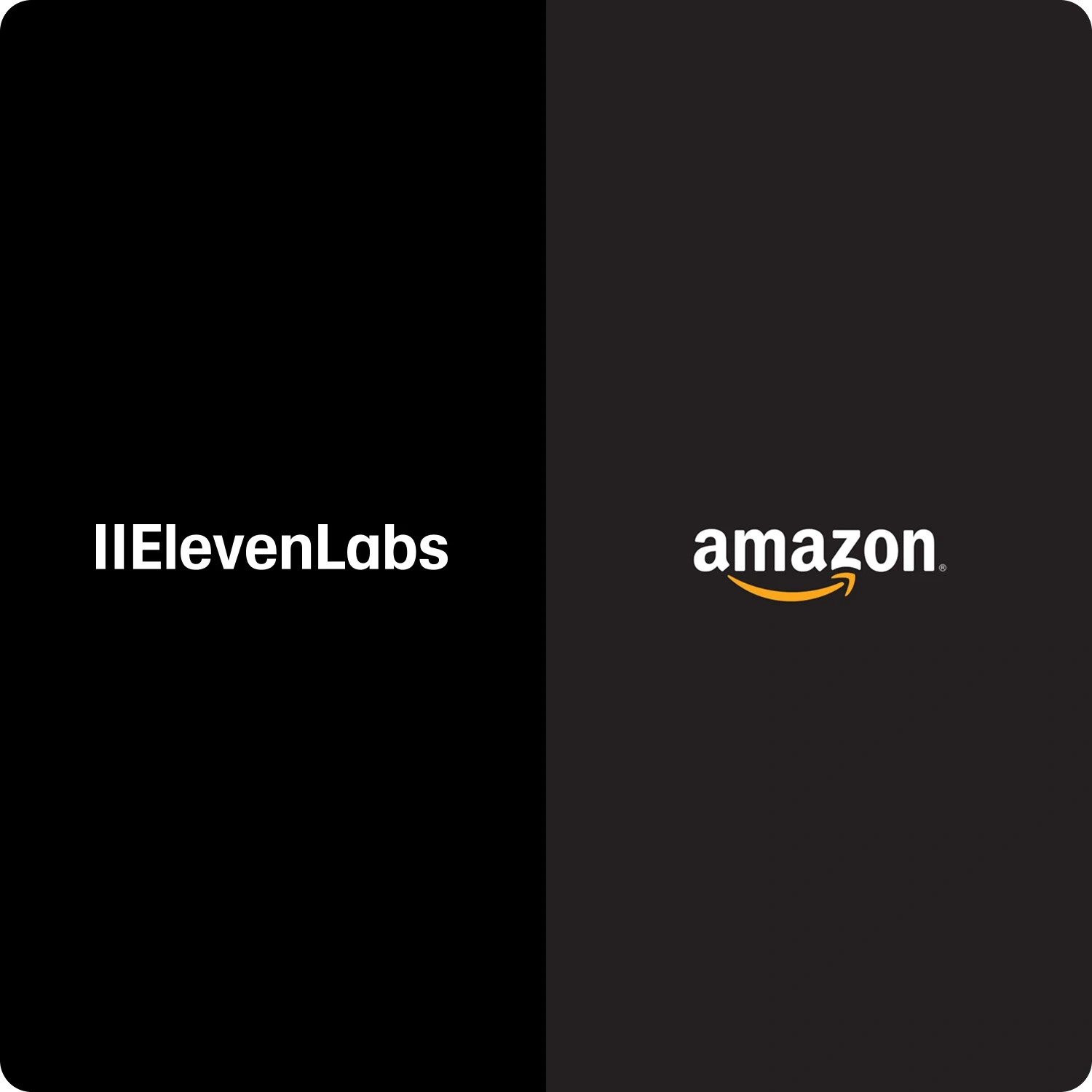 Side-by-side comparison of the IIElevenLabs logo on a black background and the Amazon logo on a dark gray background, illustrating branding contrast between a tech startup and a major e-commerce company.