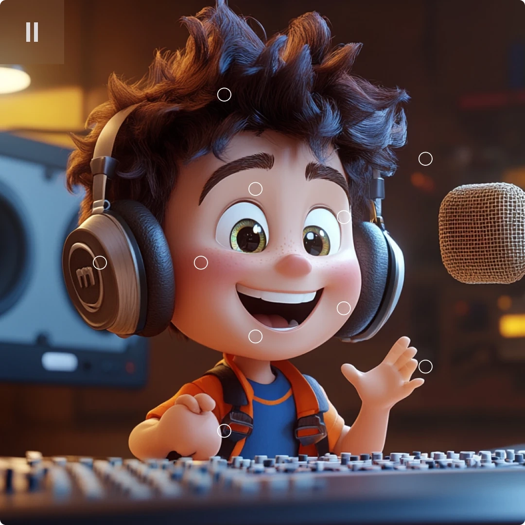 A animated character with big eyes and curly hair wearing headphones, smiling and speaking into a microphone in a recording studio.