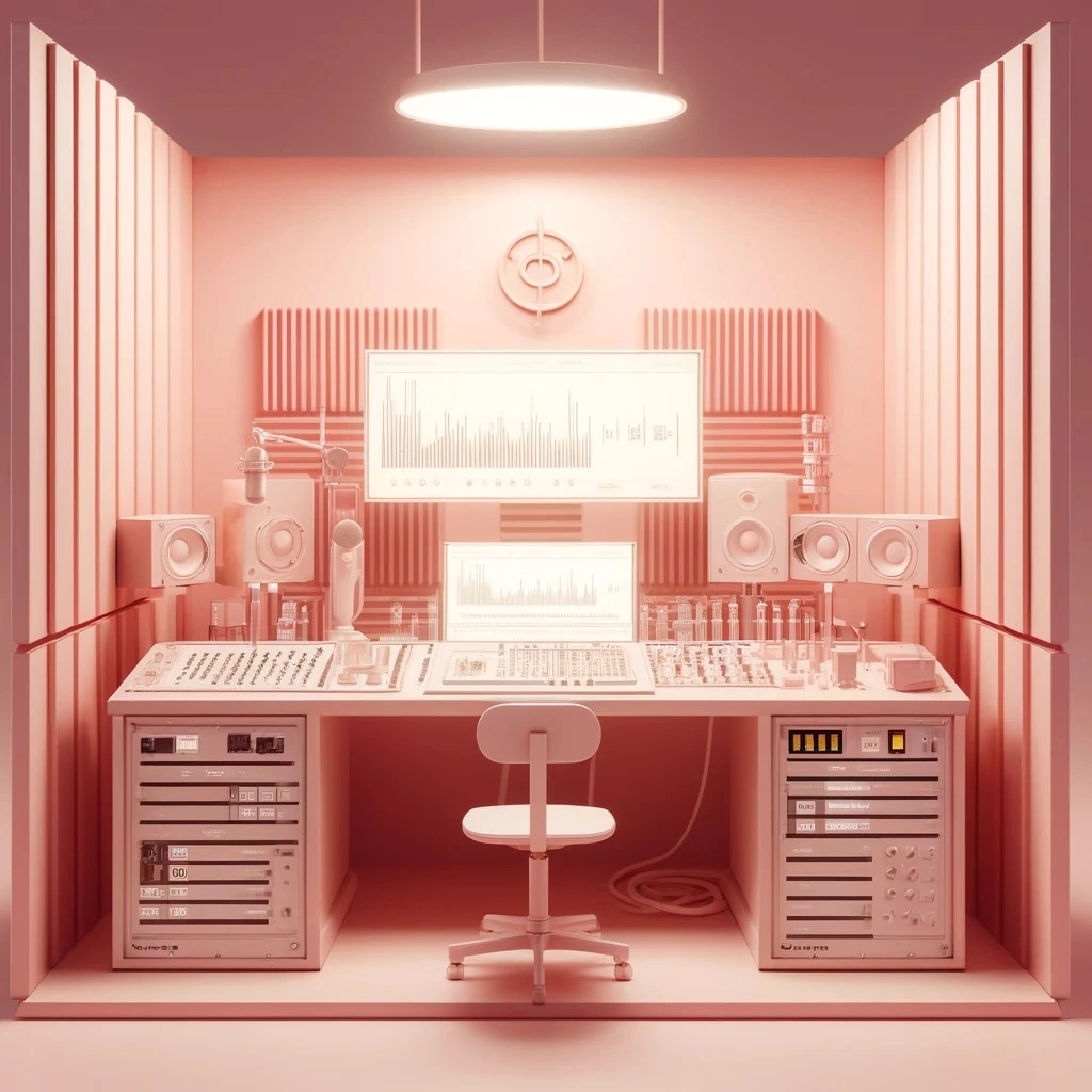 A pink recording studio with a desk, chair, speakers, and sound equipment, illuminated by a ceiling light.