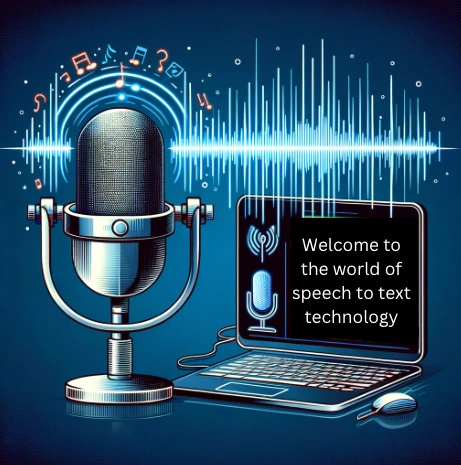 Microphone and laptop displaying "Welcome to the world of speech to text technology" with sound waves and musical notes.