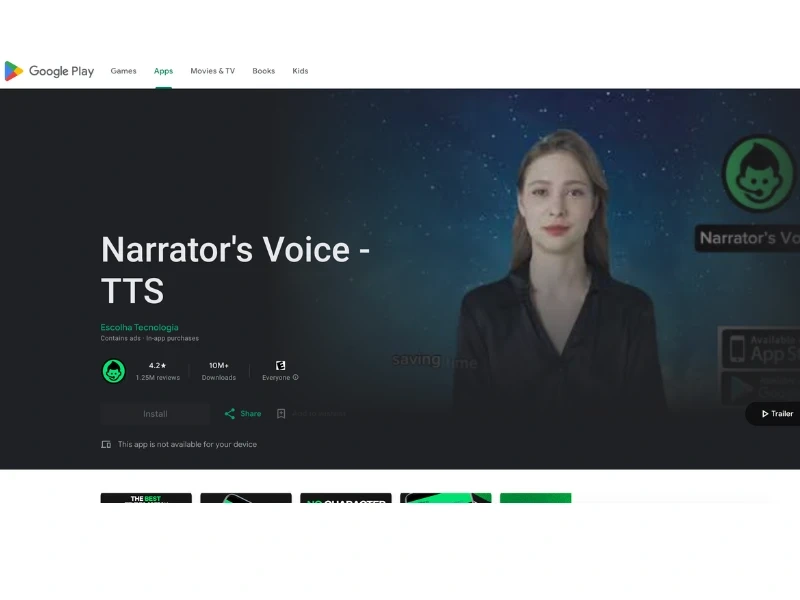 A woman with long hair and a black shirt standing in front of a starry background, promoting the Narrator's Voice - TTS app on Google Play.