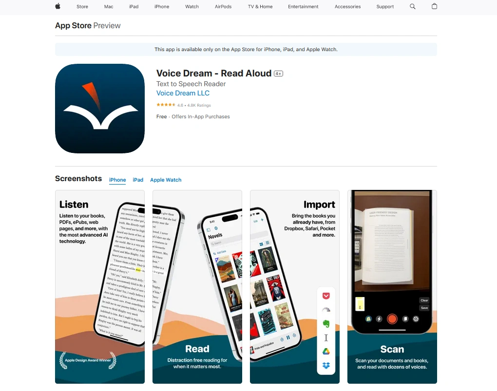 App Store preview for Voice Dream - Read Aloud app, showing screenshots of reading, importing, and scanning documents.
