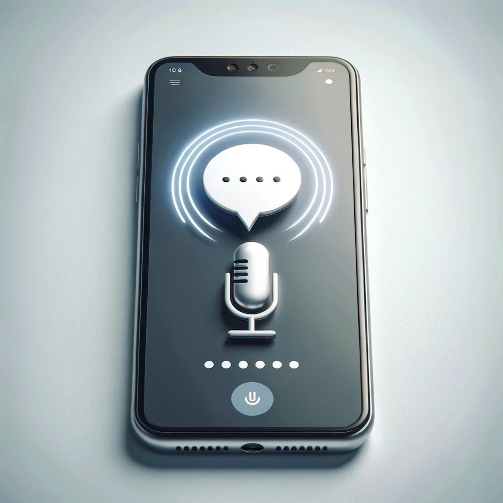 A smartphone displaying a voice assistant interface with a microphone icon and speech bubble.