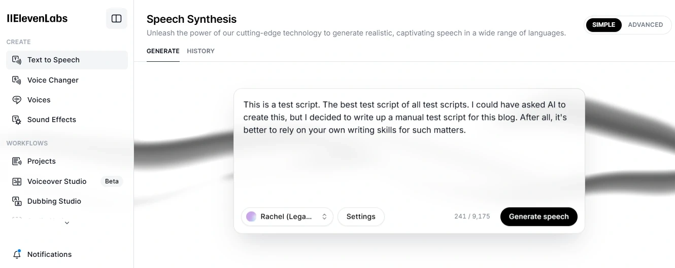 Screenshot of ElevenLabs' Speech Synthesis interface with a test script and options to generate speech.