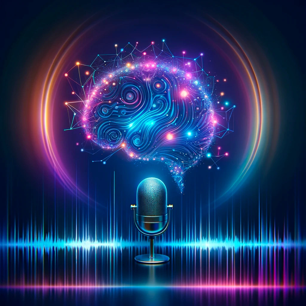 A microphone with a digital brain and colorful neural network above it, representing artificial intelligence and voice technology.