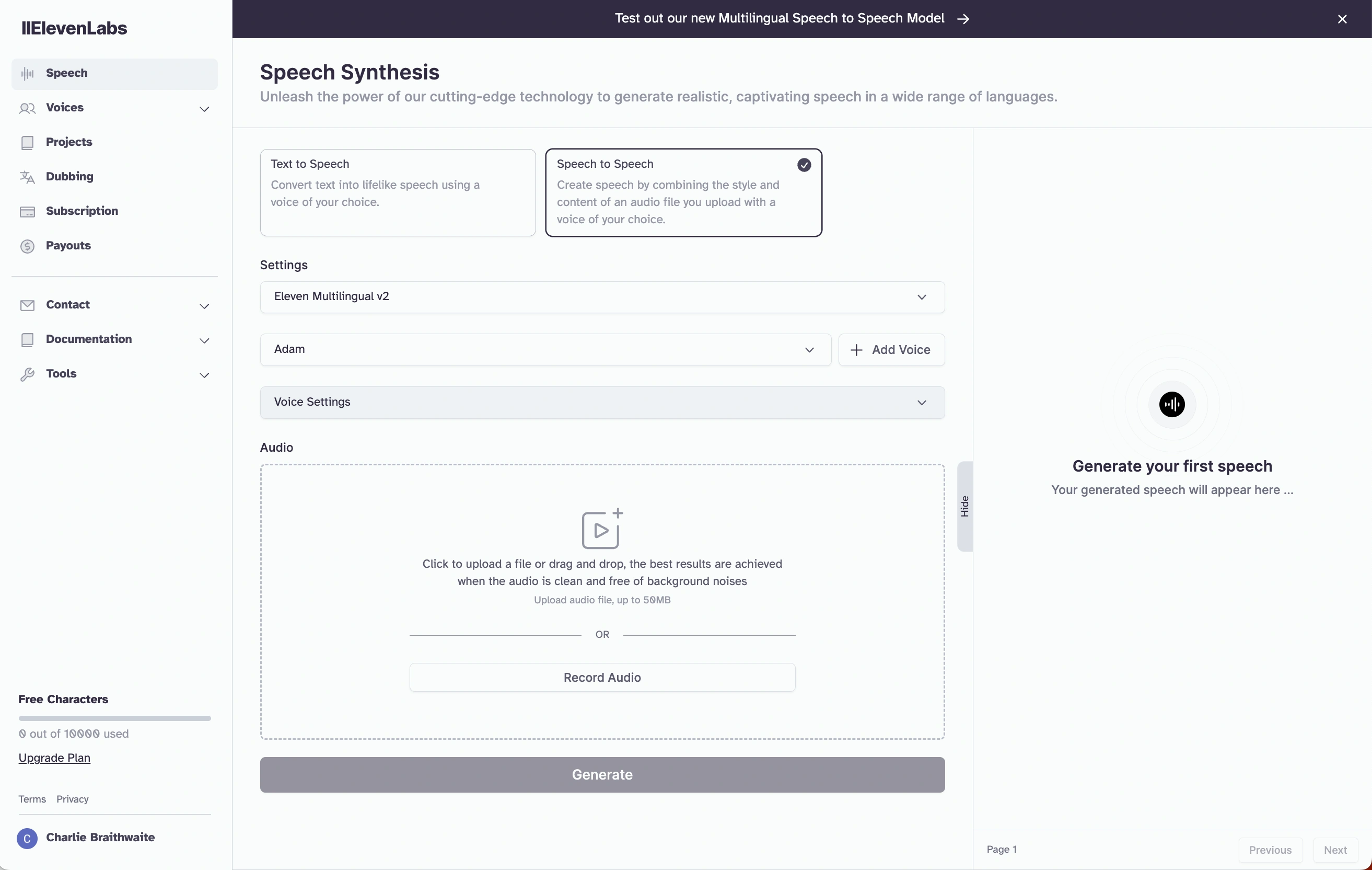 Screenshot of the ElevenLabs Speech Synthesis webpage, showing options for creating speech from text or audio, with a "Generate" button at the bottom.