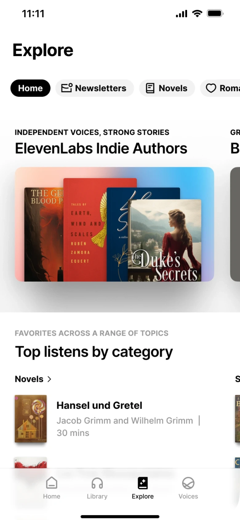 Screenshot of a mobile app's explore page showing book categories and a selection of books.