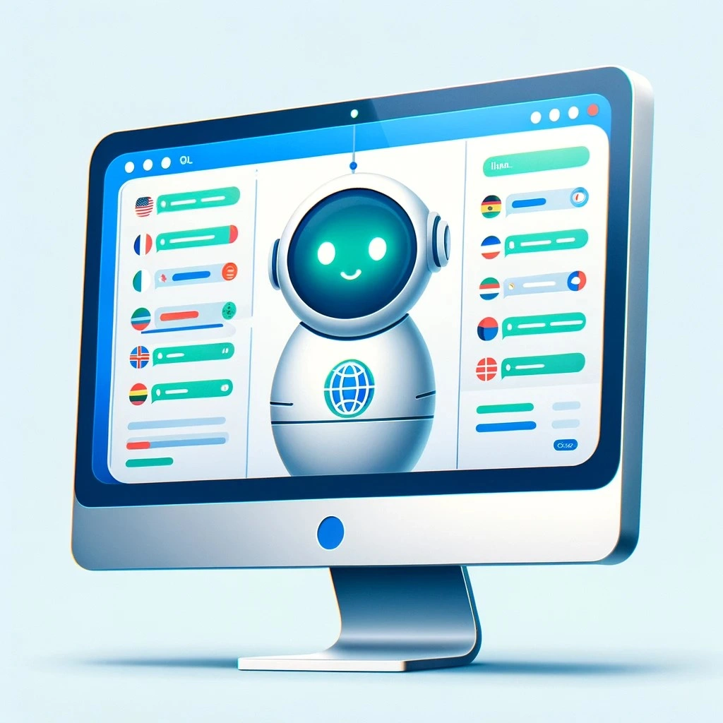 A robot on a computer screen with language flags and chat bubbles.