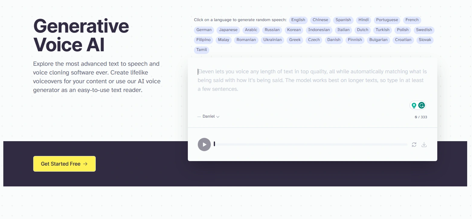 Screenshot of a webpage titled "Generative Voice AI" with language options and a text-to-speech input box.