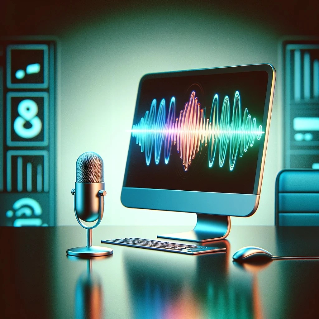 A computer monitor displaying a colorful sound wave, with a microphone and mouse on a desk in front of it.