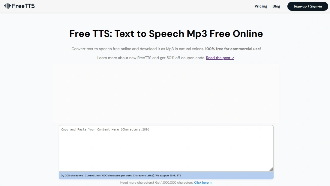 Screenshot of the Free TTS website with a text input box and navigation options.