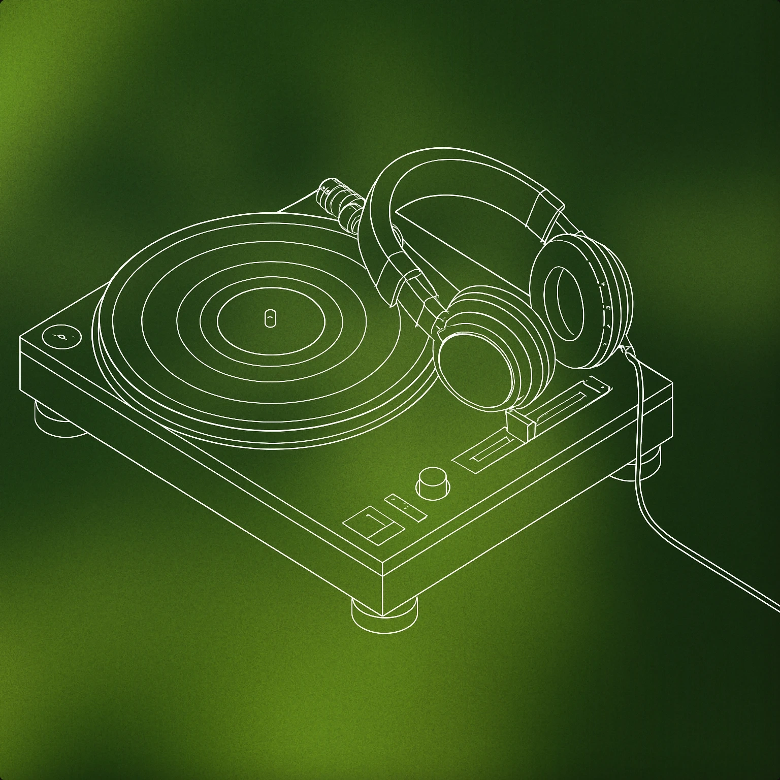 Cover of DJ turntable with a single vinyl record and stylized headphones resting on the edge for Party sound effects
