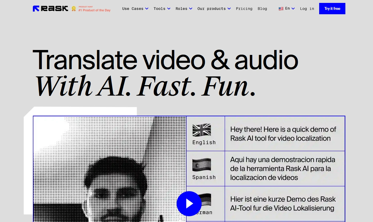 A webpage screenshot showing a video translation tool with options for different languages and a demo video.