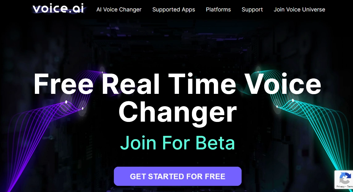 Free real-time voice changer website homepage with a "Join for Beta" call-to-action button.