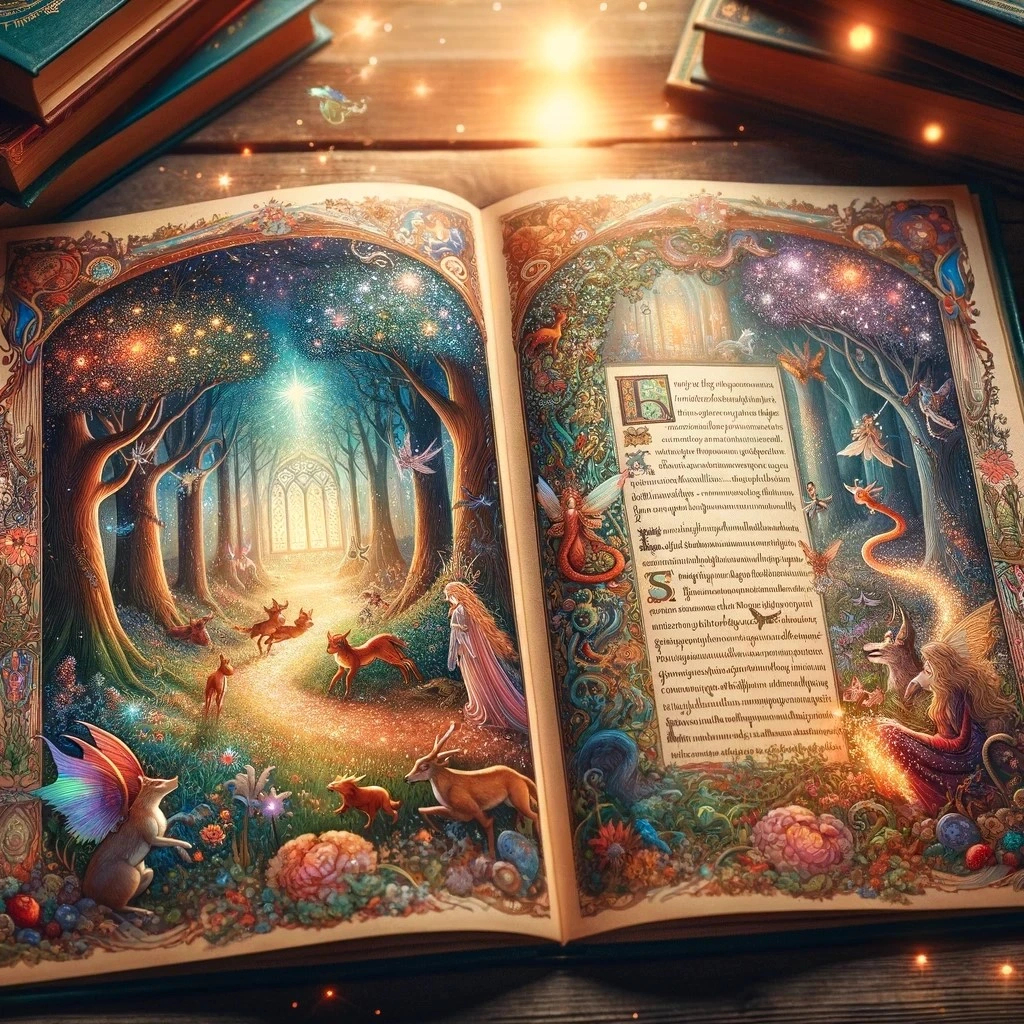 A magical, illuminated fairy tale book open to a vibrant, fantasy forest scene with glowing animals, fairies, and sparkling stars.