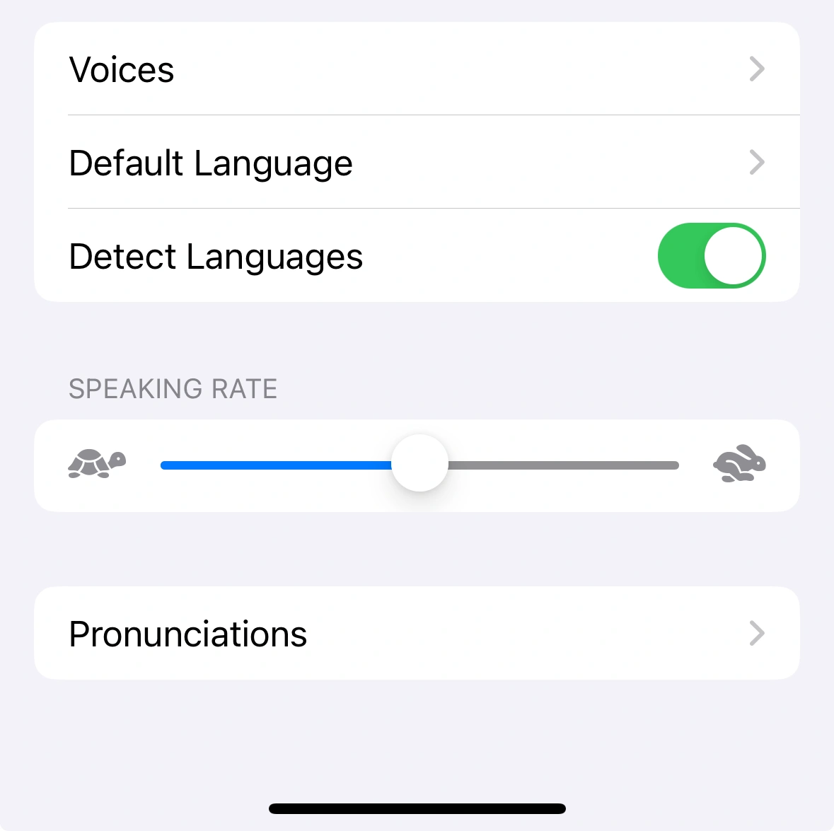 Settings screen showing options for Voices, Default Language, Detect Languages, and a speaking rate slider with turtle and rabbit icons.