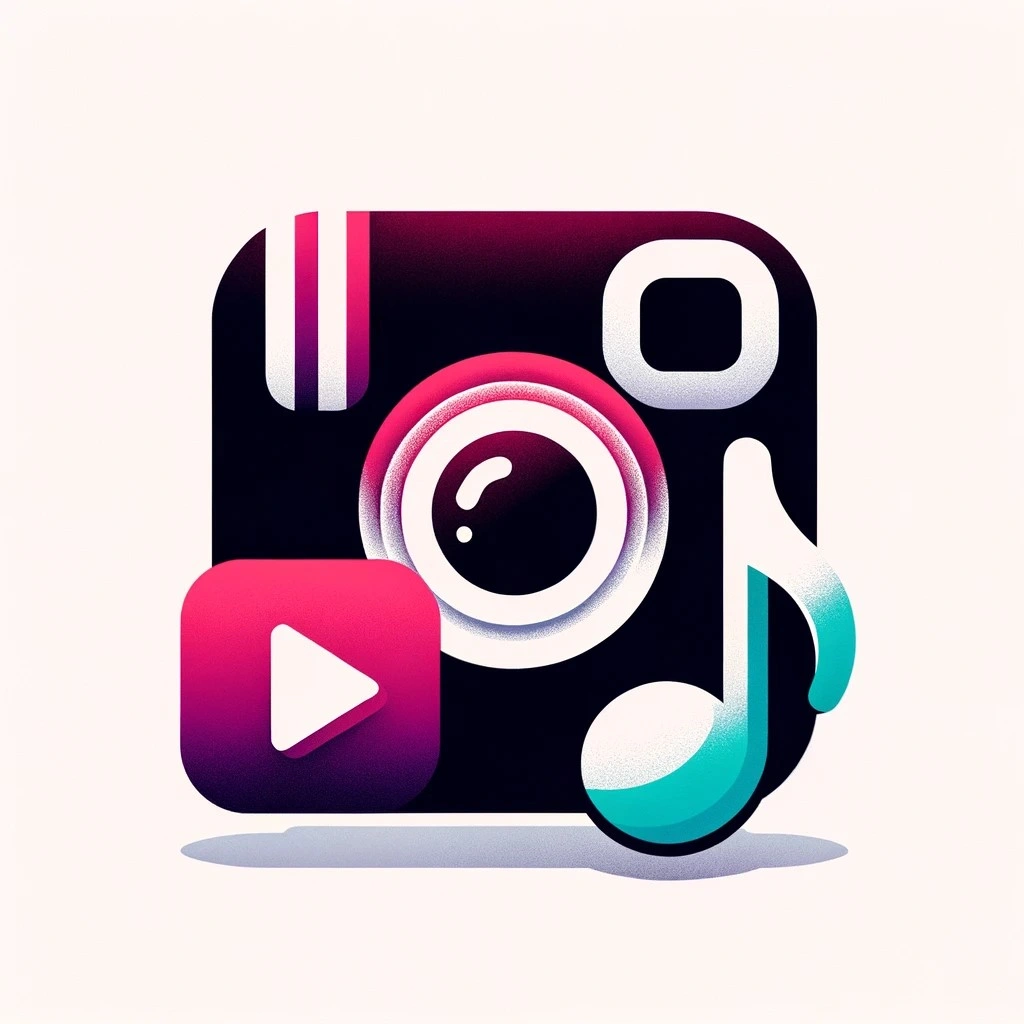 Stylized icon of a music app with a camera, play button, and musical note.