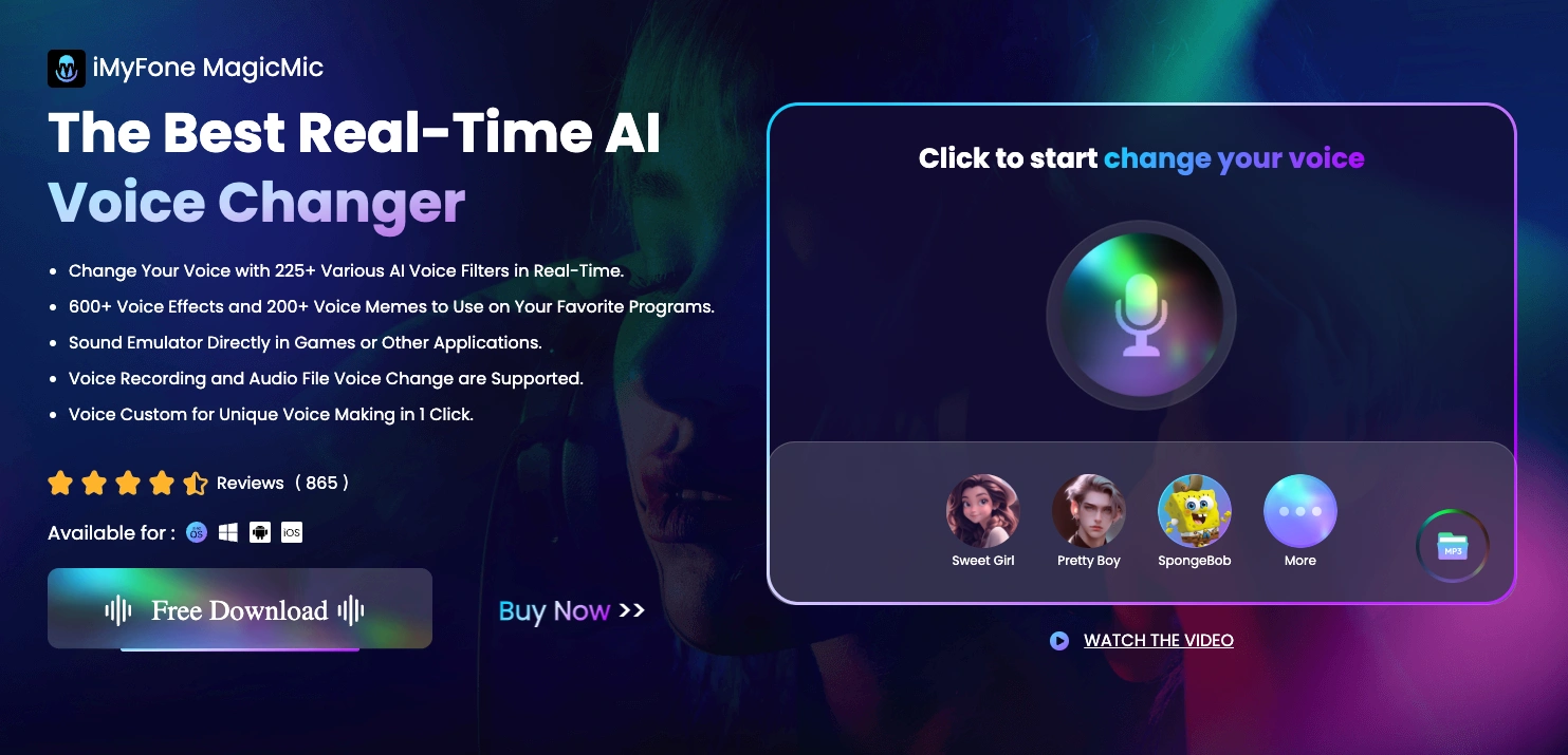 Screenshot of a website promoting iMyFone MagicMic, a real-time AI voice changer, with a large microphone icon and options to change voice effects.