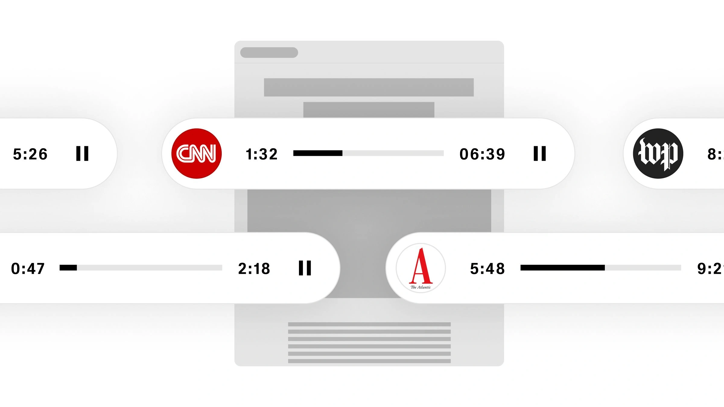 Audio playback interface showing news segments from CNN, The Atlantic, and The Washington Post.