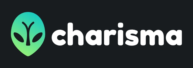 Alien face logo with the word "charisma" on a black background.