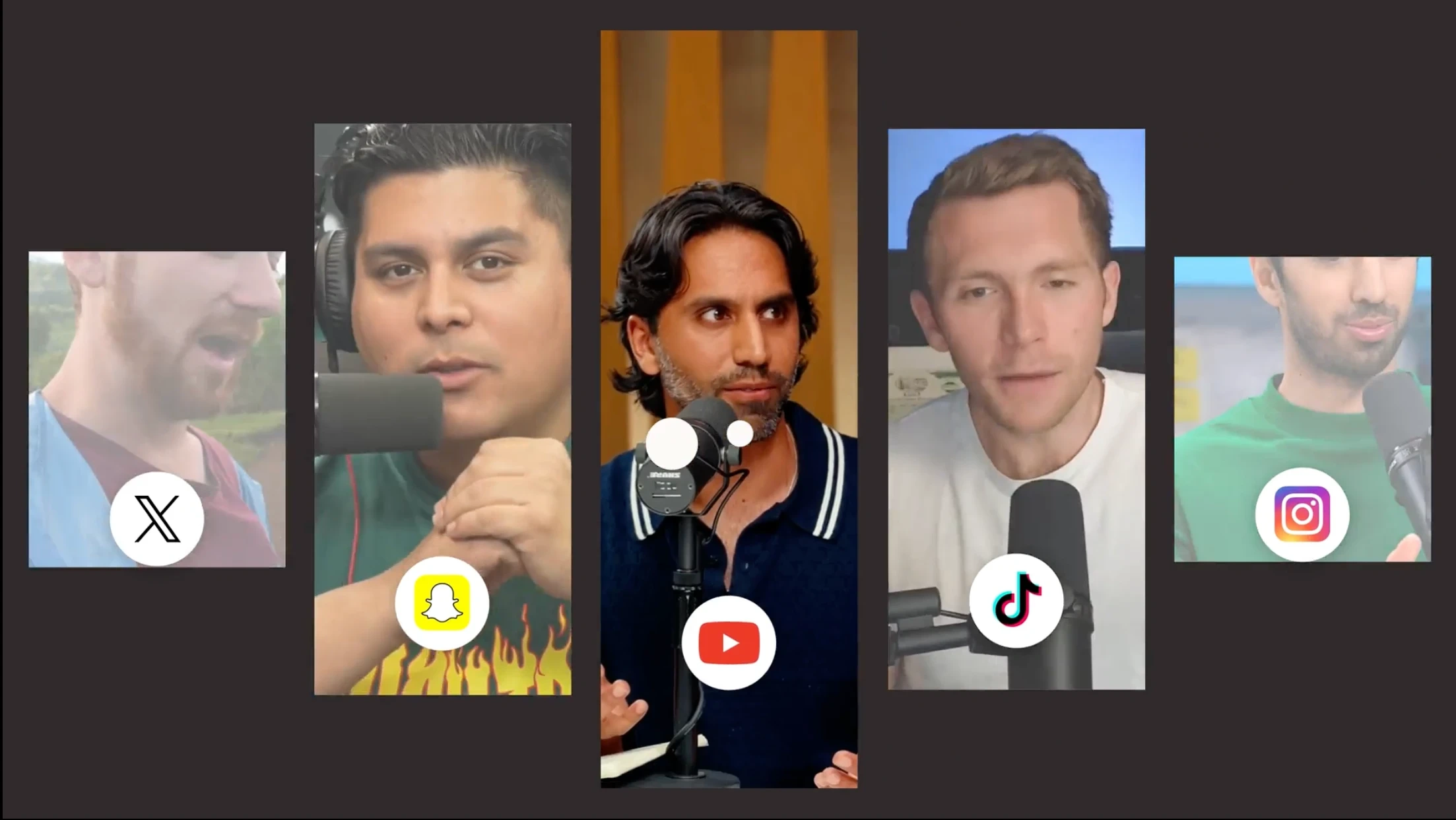 Collage of five people speaking into microphones, each with a social media icon at the bottom.