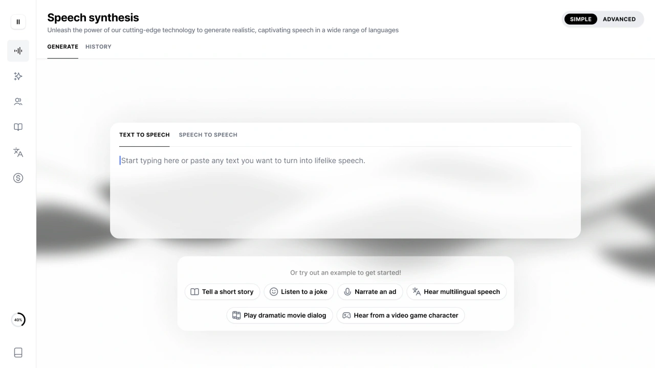Screenshot of a speech synthesis web interface with options to generate and customize speech output.