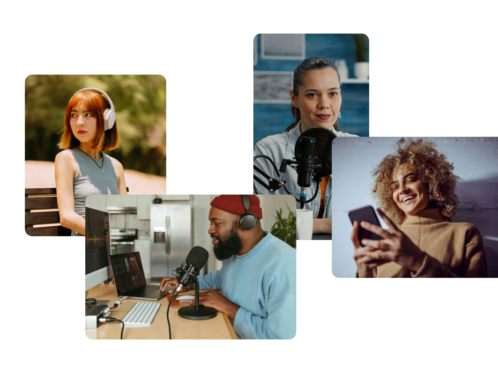 Four people recording or listening to audio, each with a microphone or headphones.