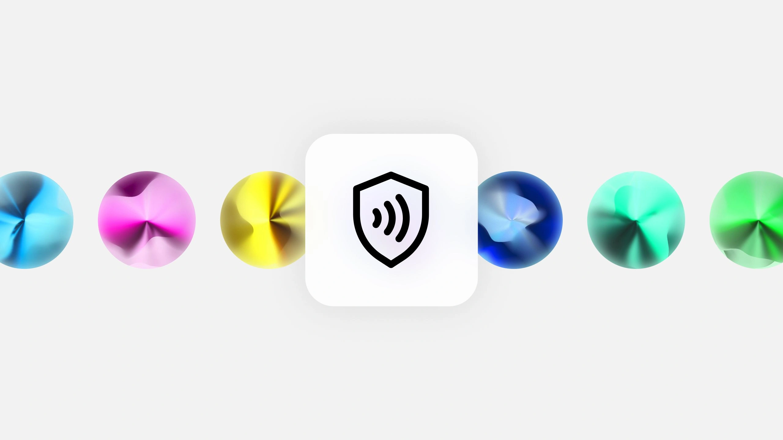 A row of colorful, metallic spheres with a shield icon and sound waves in the center.