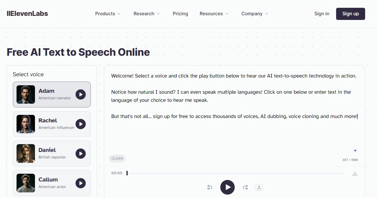 Screenshot of a webpage offering free AI text-to-speech services, featuring a voice selection panel with profiles of Adam, Rachel, Daniel, and Callum, and a text input area with playback controls.