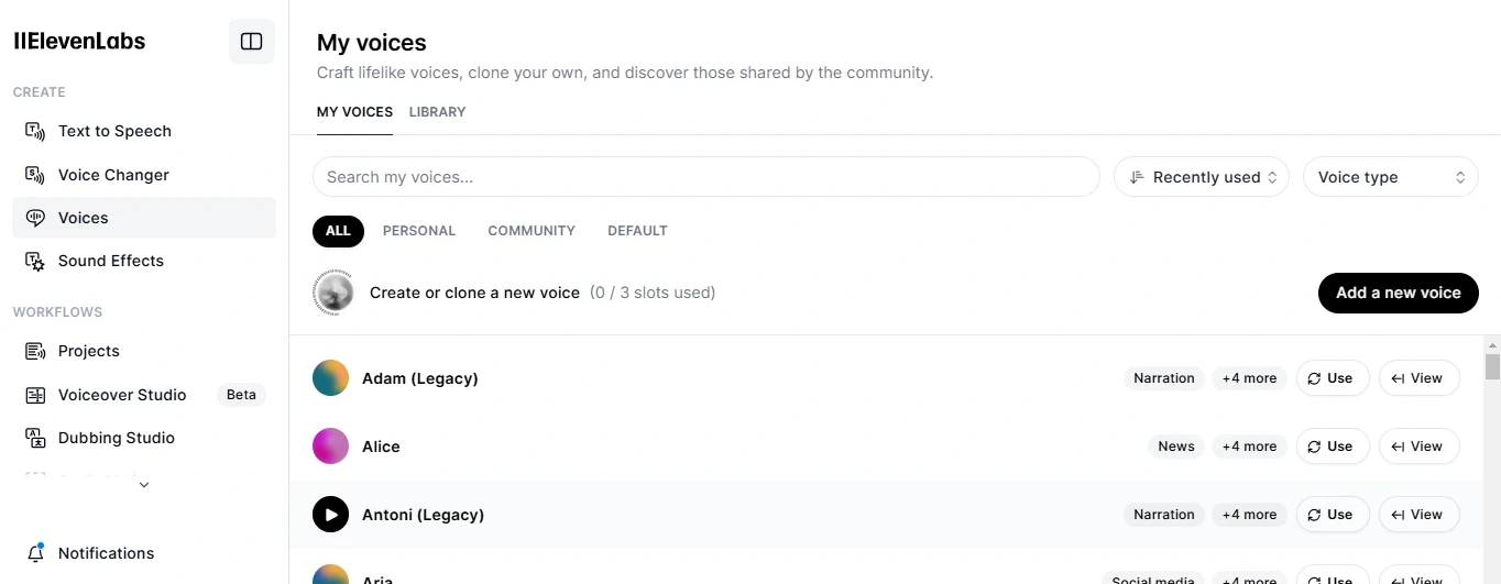 Screenshot of the ElevenLabs voice creation interface showing a list of saved voices, including Adam, Alice, and Antoni.