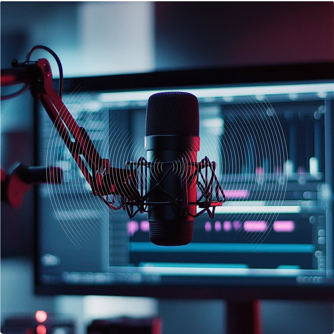 A professional microphone mounted on a boom arm in a recording studio with audio editing software visible on a computer screen in the background.