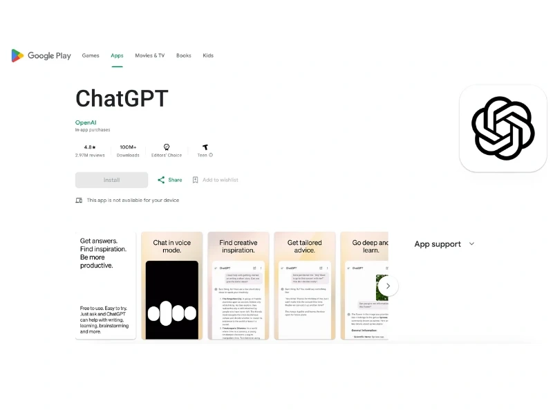 Google Play Store page for the ChatGPT app, showing app details, ratings, and screenshots.