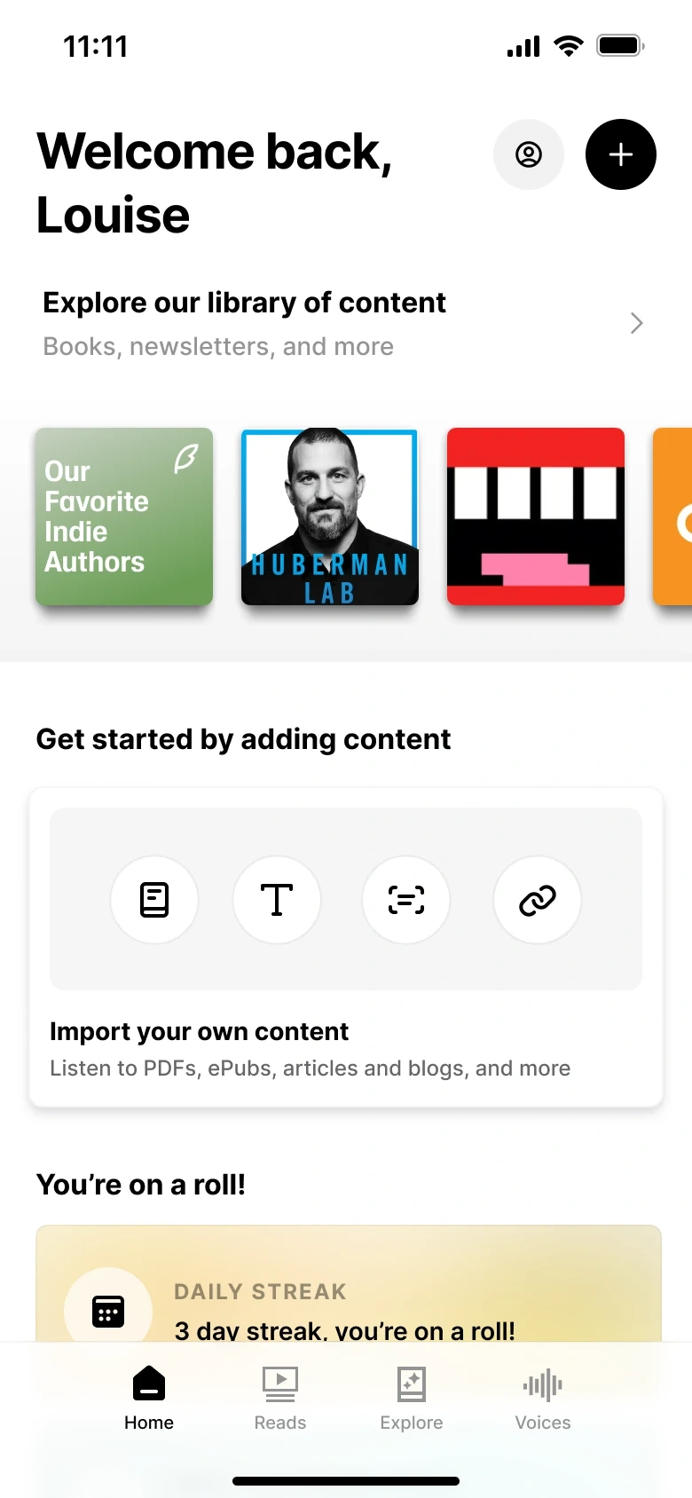Screenshot of a mobile app home screen welcoming Louise, with options to explore content, add new content, and view a daily streak.