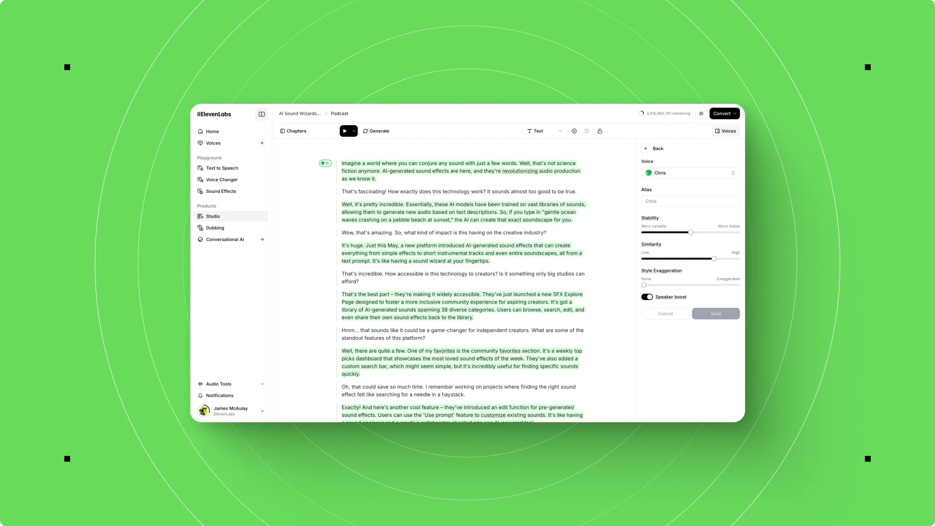 Screenshot of a text editing software with highlighted green text on a white background, set against a green radial gradient background.