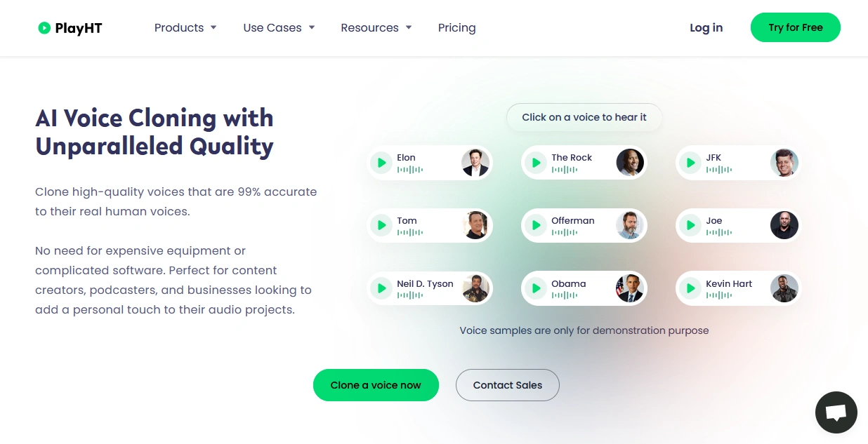 Screenshot of the PlayHT website showcasing AI voice cloning with sample voices and a call-to-action button.