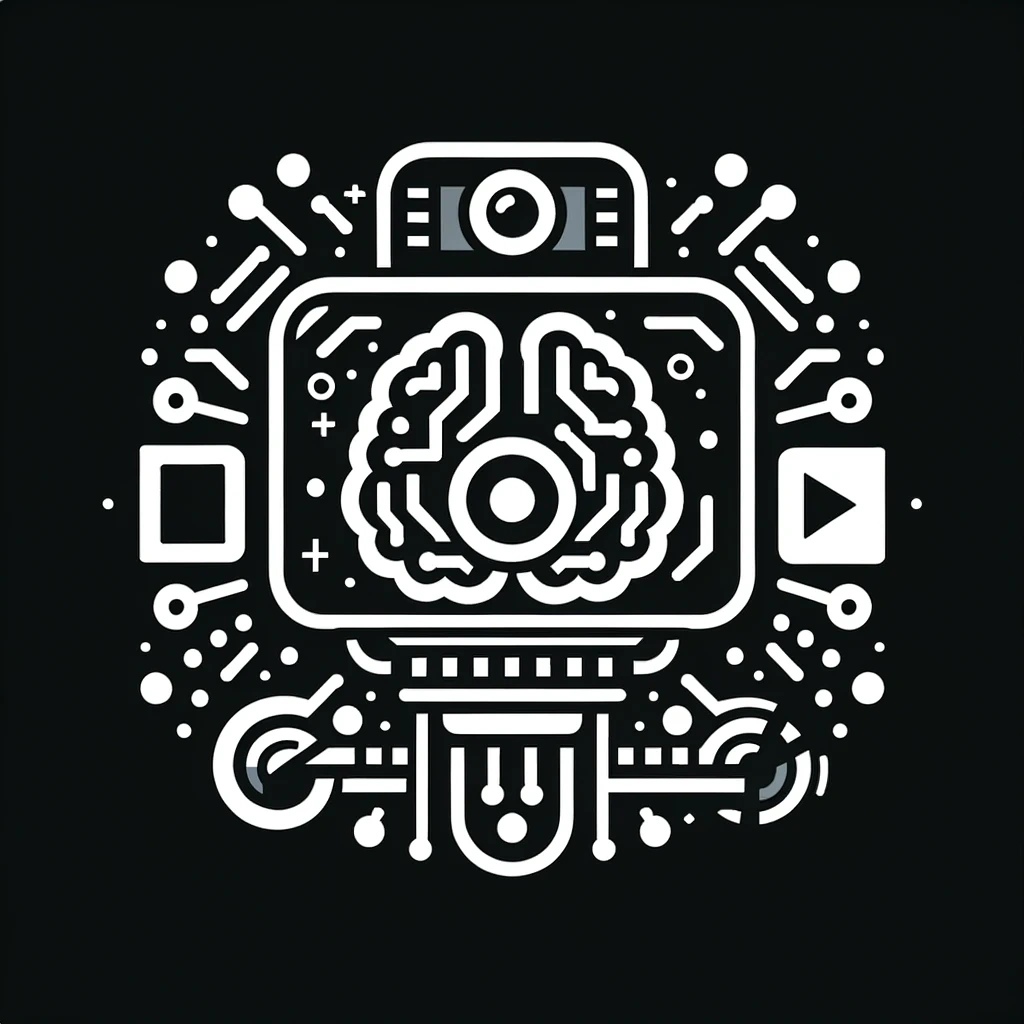 A stylized robot with a brain on its screen, surrounded by various icons and circuitry elements.